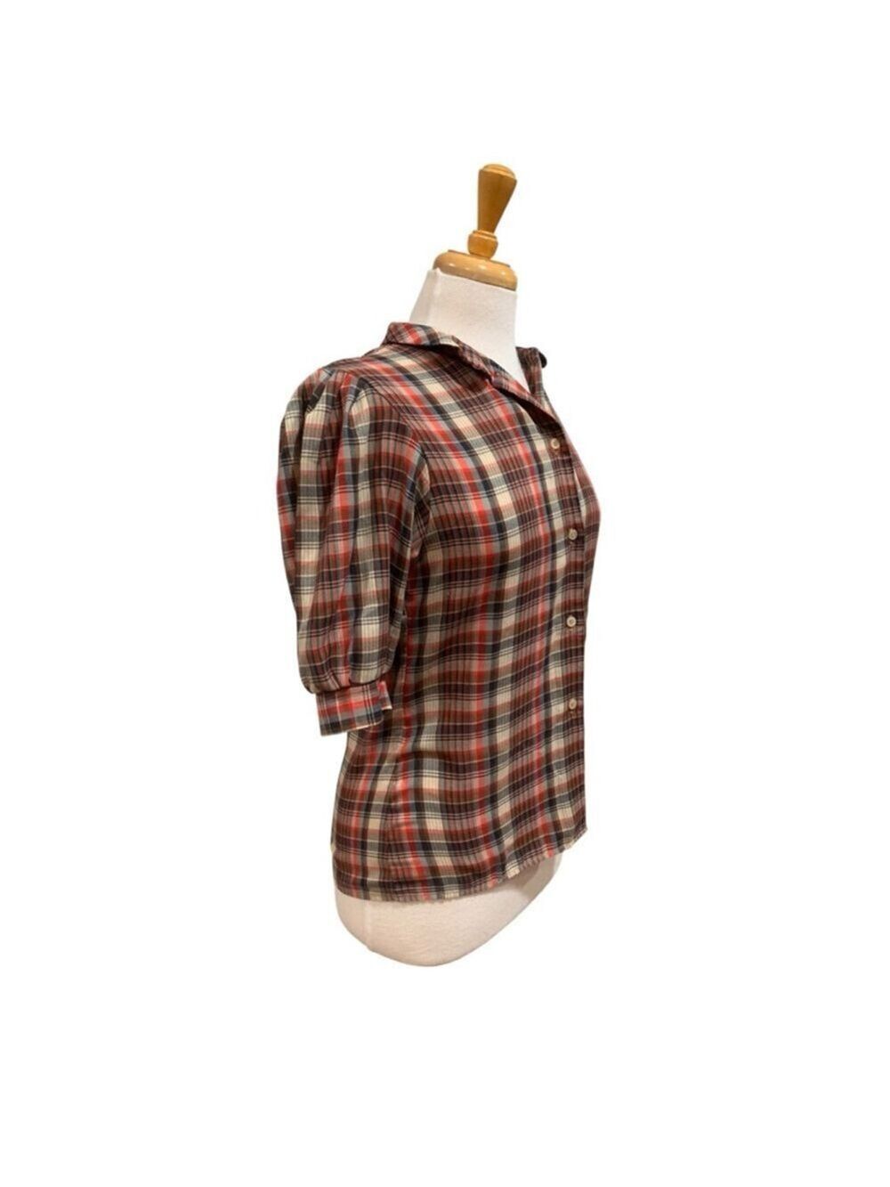 Vntg 80’s Women's White Stag Plaid Button Down short sleeved Shirt Red Brown M - Picture 4 of 6
